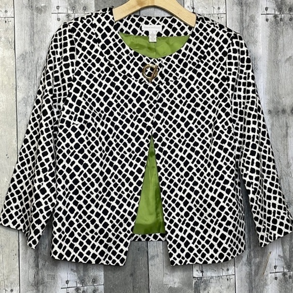 NWT Charter Club black & white open front jacket. Long sleeves. Lime green lined - Picture 1 of 13